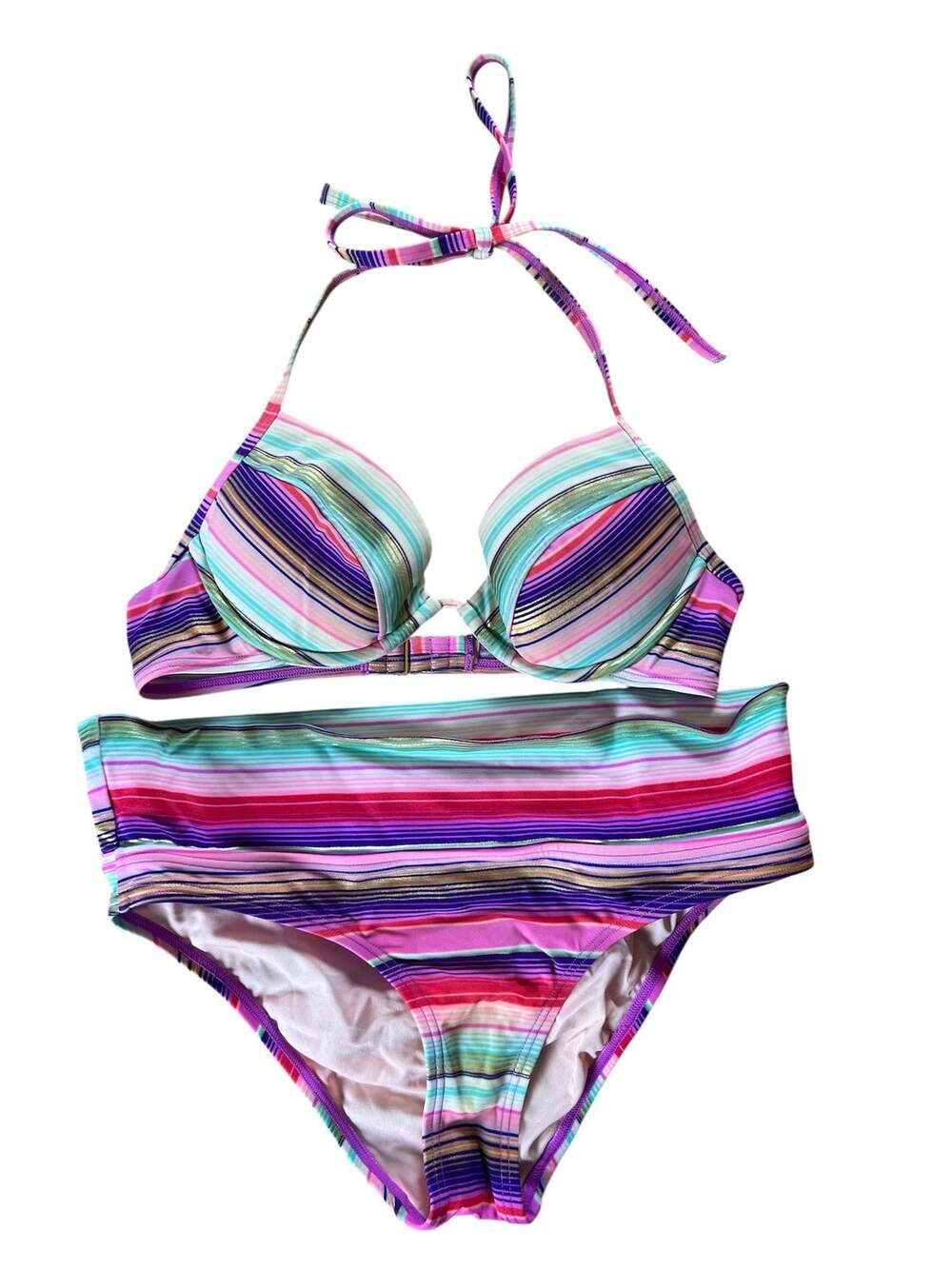 Victoria Secret Striped Bikini Swim Top Womens Medium Halter Padded Swimwear